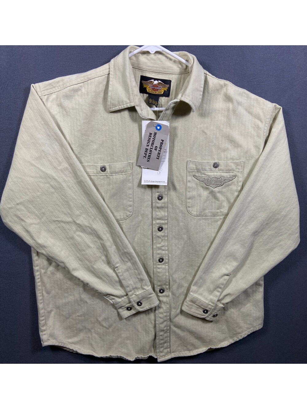 NOS Deadstock Salesman Sample Vintage Harley Davidson Herringbone Button LS L !